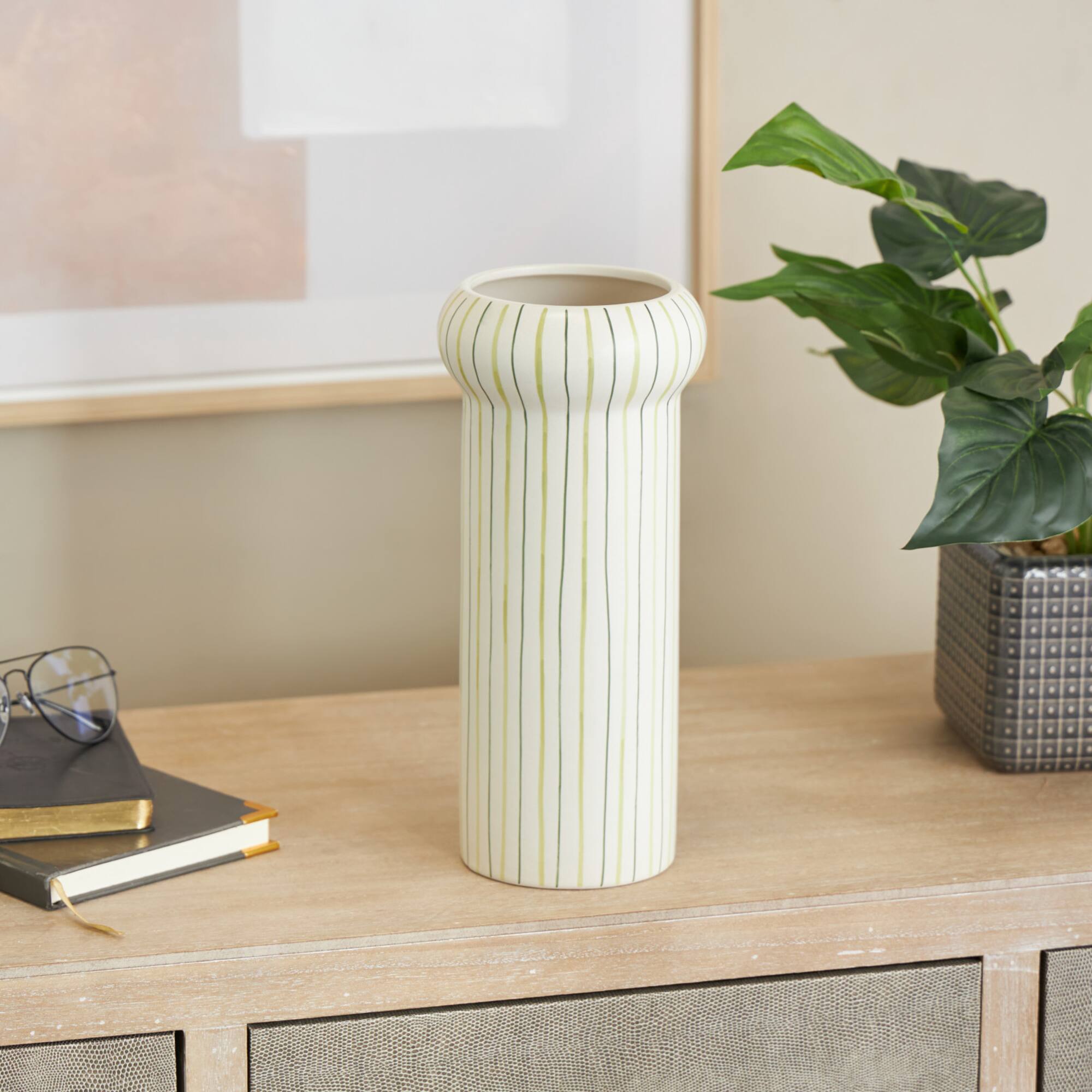 12" White & Green Linear Patterns Round Decorative Ceramic Vase